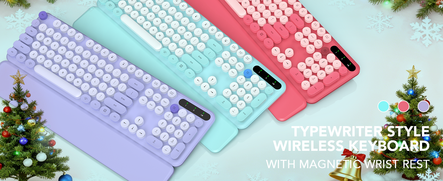 Wireless Retro Typewriter Keyboard with Detachable Wrist Rest Blue Colorful Christmas surprise