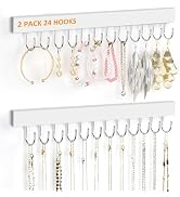 OMHOMETY 2 Pack Necklace Holder Wall Mounted, Hanging Jewelry Organizer with 24 Hooks Wooden Wall...
