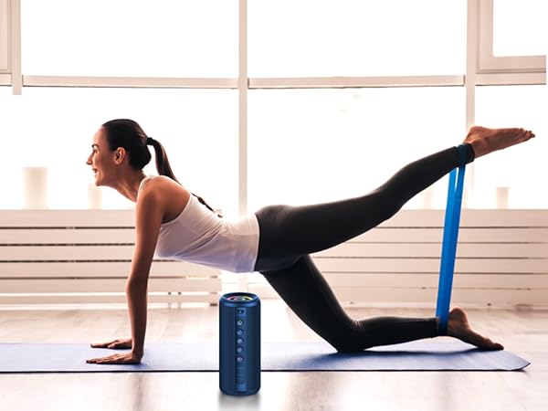 Exercise sequence showing stretching movements using a blue foam roller on exercise mat, demonstrating various positions and techniques.