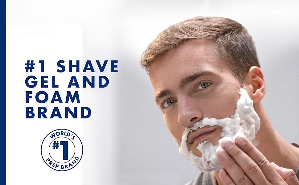 A man shaving his face with a Gillette Series soothing shave gel.