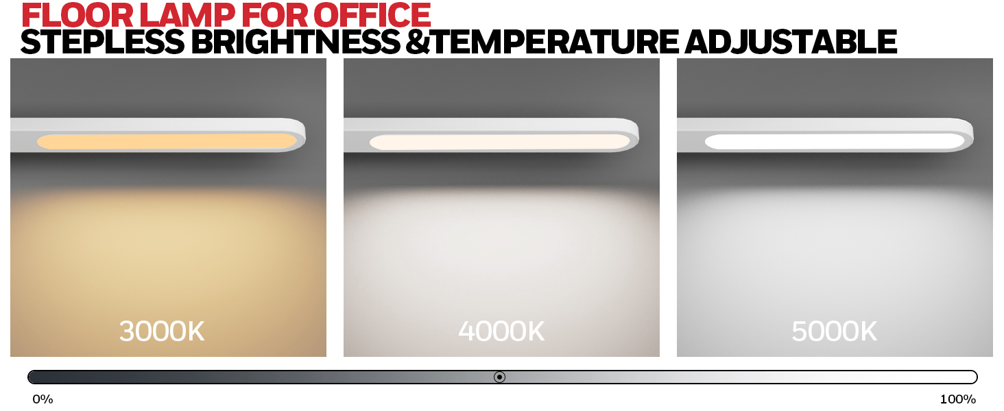 Long, slim office floor lamp with adjustable brightness and color temperature. Three panels show warm (3000K), neutral (4000K), and cool (5000K) light settings.
