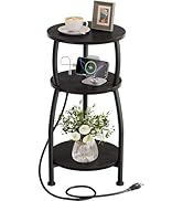 Yuede Small Round Side Table with Charging Station, 3-Tier Rustic Wood &amp; Metal Charging Nightstan...