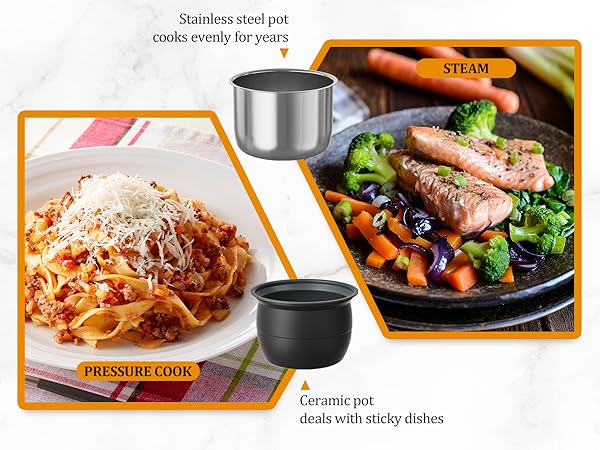 Ceramic pot conquers sticky disasters while stainless steel poy maintains perfect heat for decades