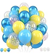 Blue and Yellow Balloons,50PCS 12 Inch Flower Bubble Printed Metallic Blue Yellow Balloons with R...