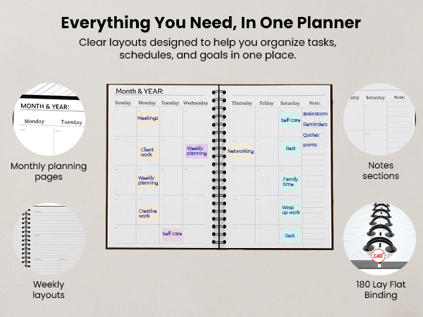Undated Monthly and Weekly Planner - 12 Month Calendar Planner Notebook with Week Days