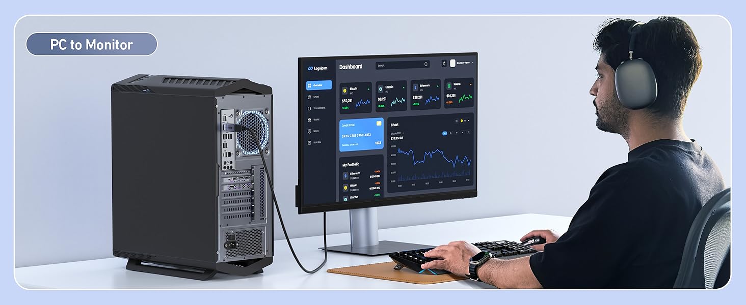 Text reads 'PC to Monitor'. Setup showing desktop computer tower and monitor with interface display, person seated at desk using the system.