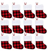 JOYIN 12 Pack 5” Mini Christmas Stocking,Red Black Plaid Xmas Stockings for Christmas Tree Decora...