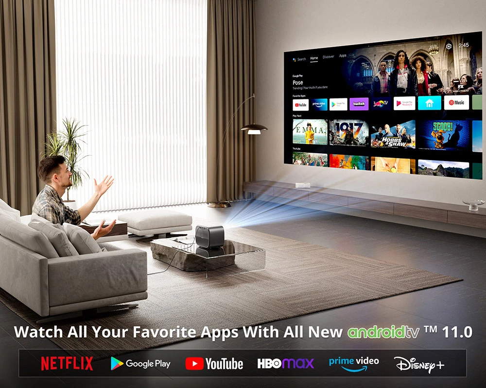 Refurbished ETOE E3 Pro Projector with Android TV, 600 ANSI, Native 1080P, 4K Decoding, Auto Focus & Keystone Correction, Dual-Band WiFi and 20W Audio - EU Plug