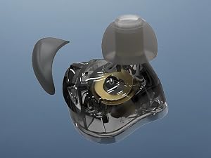 Exploded view of CCZ DC03 IEM, showing internal driver structure and ear tip design.