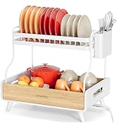 Urackify 2-Tier Dish Drying Rack – Large Capacity Dish Rack with Stainless Steel and Bamboo, Dish...