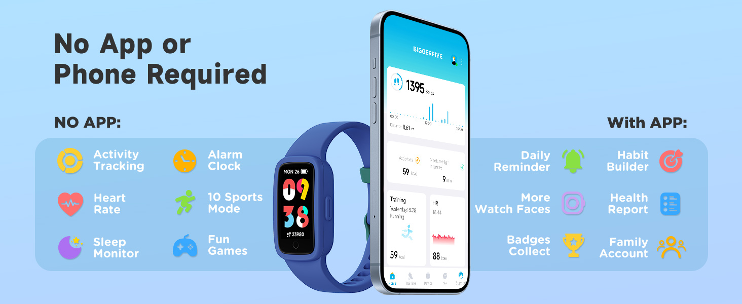 Text: 'No App or Phone Required', 'With APP'. Interface comparison showing smartphone app features and standalone device capabilities.