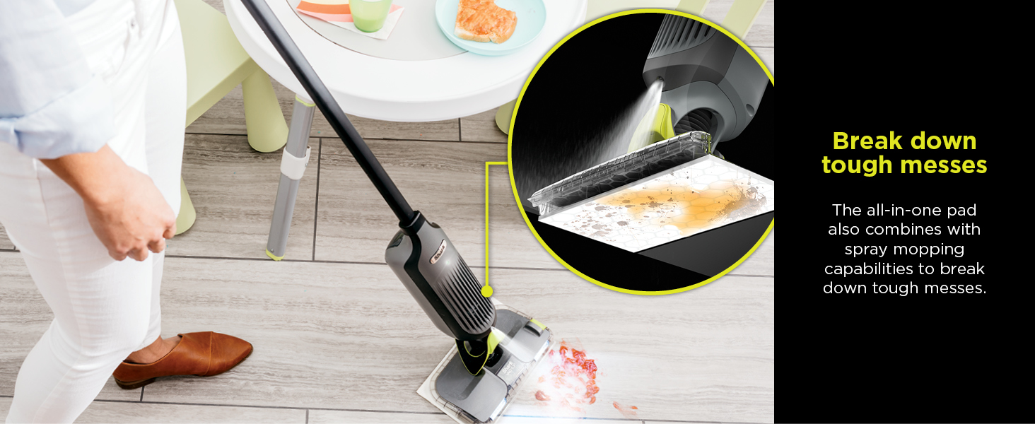 The all-in-one pad also combines with spray mopping capabilities to break down tough messes.