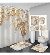 Chrainy 4Pcs Golden Leaves Shower Curtain Sets White Flowers Floral Bathroom Accessories Set Plan...