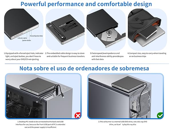 Text reads 'Powerful performance and comfortable design.' Instructional diagram showing laptop cooling pad installation steps with multiple angles and positions.