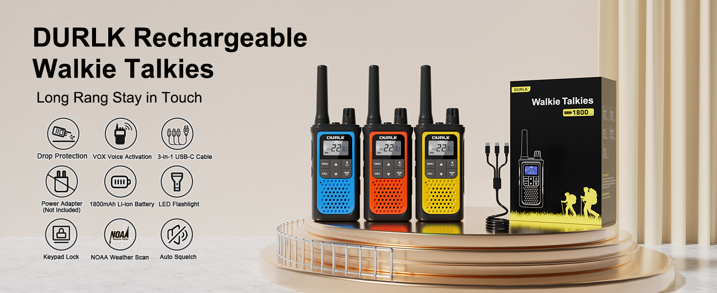 DURLK 3 pack walkie talkies long range in blue orange yellow with adapter cables and box