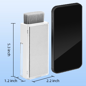 White rectangular device with brush attachment next to a black smartphone. Device dimensions: 5.3 x 2.2 x 1.2 inches.