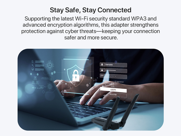 Man Using Laptop with the USB WiFi Adapter Overlaid with a Lock Symbol to Show WPA3 Encryption