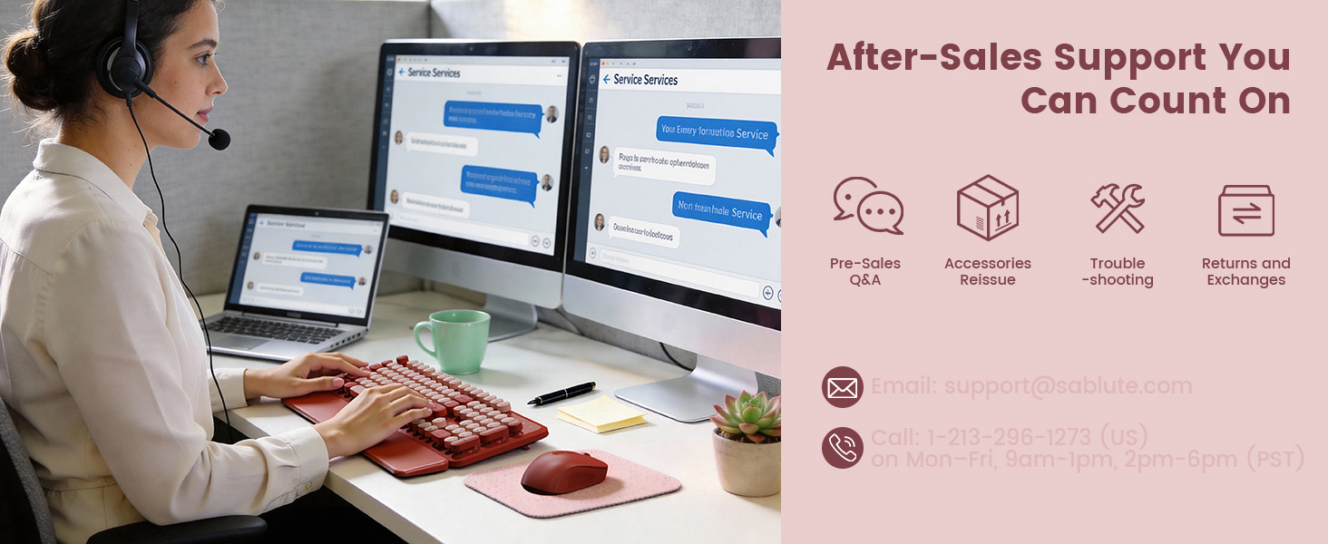 Customer using wine red wireless keyboard mouse combo at desk if any issue contact Sablute support