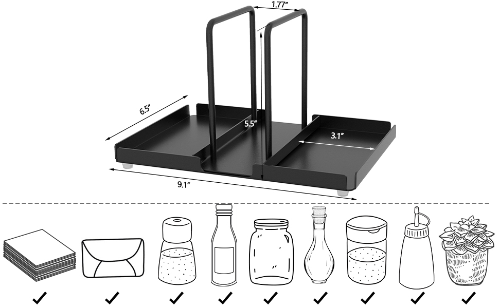 Black metal storage rack with two levels and handle bars. Dimensions shown: 31" width, 5.9" height, 9.1" depth. Icons indicate compatibility with various storage items.