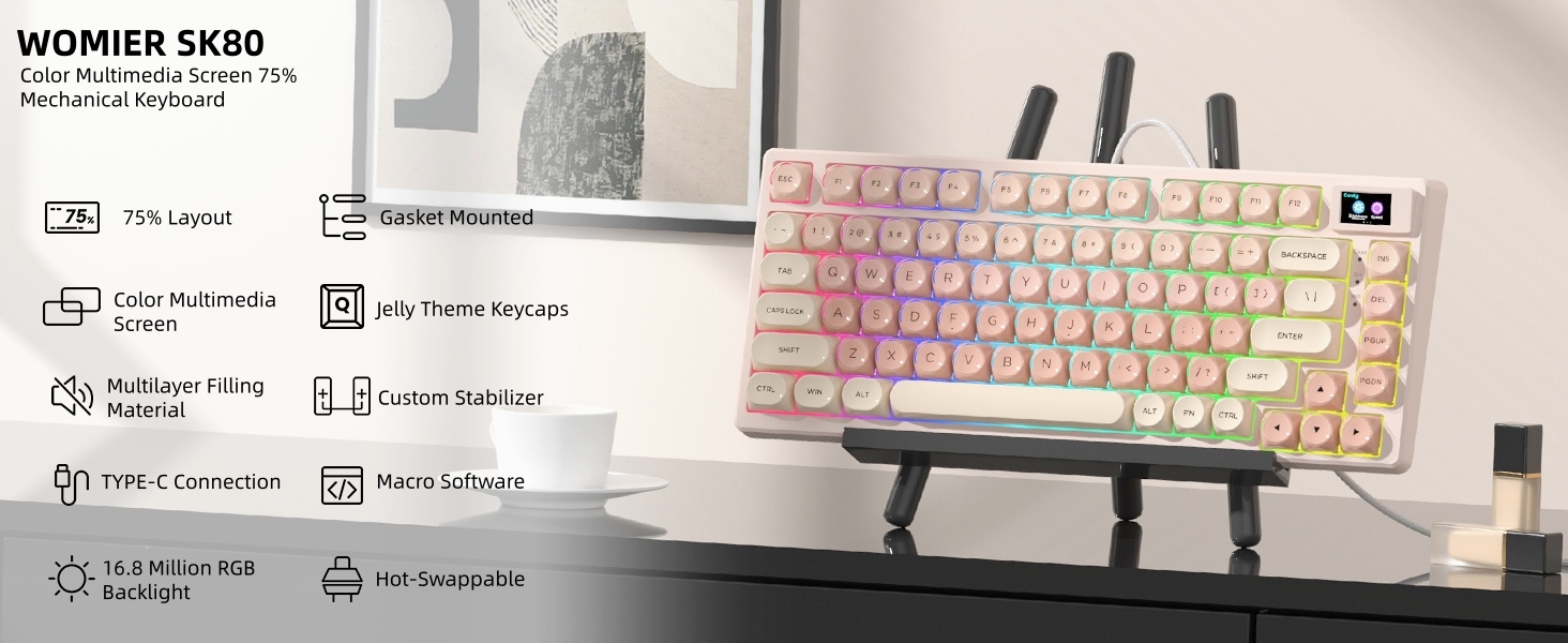 Pink Mechanical Gaming Keyboard 75% with Color Multimedia Display Jelly Keyboard Wired