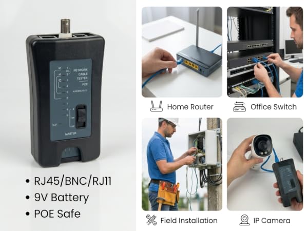 RJ45 BNC RJ11 tester,POE anti-burn,9V powered,checks wire faults for router,switch &amp;amp; IP camera.