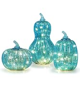 NEEDOMO Fall Decorations for Home, Set of 3 Blue Mercury Glass Pumpkin with LED Lights Timer for ...