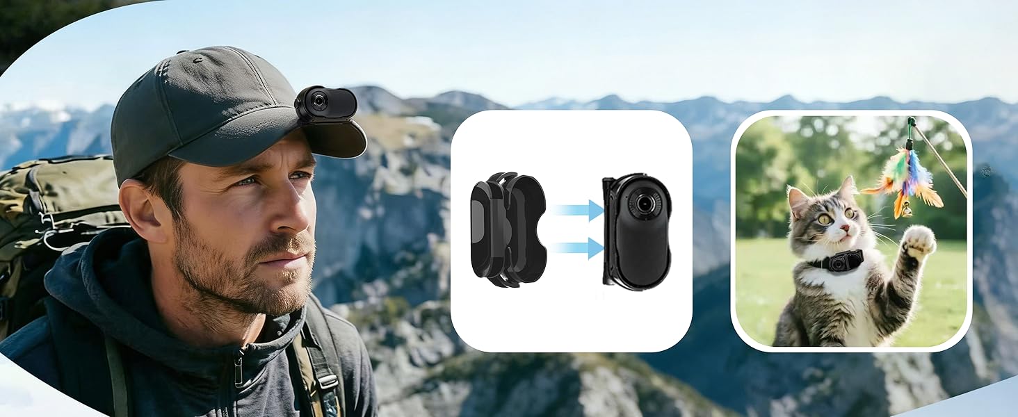 Multiple action shots demonstrating camera or recording device usage in outdoor settings, with product interface overlays showing recording indicators.