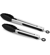2 Pack Black Kitchen Tongs, Premium Silicone BPA Free Non-Stick Stainless Steel BBQ Cooking Grill...
