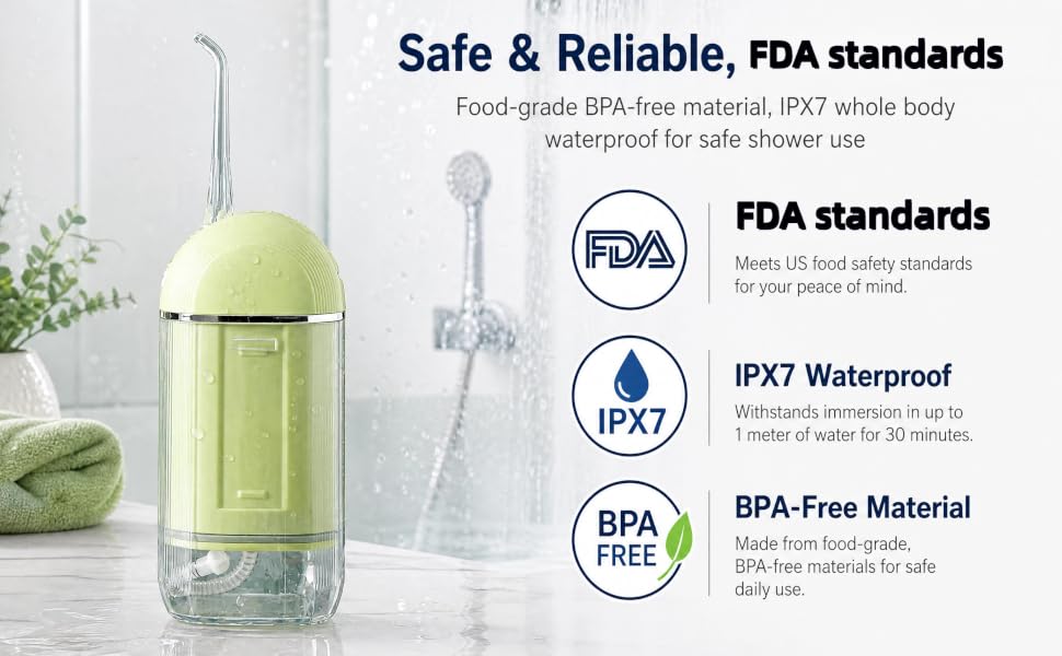 Food-grade material compliant with FDA standards, IPX7 waterproof BPA-free water flosser for safe