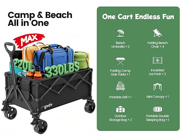 330LBS Heavy-Duty Cart for Groceries, Camping, Beach, Garden, Sports