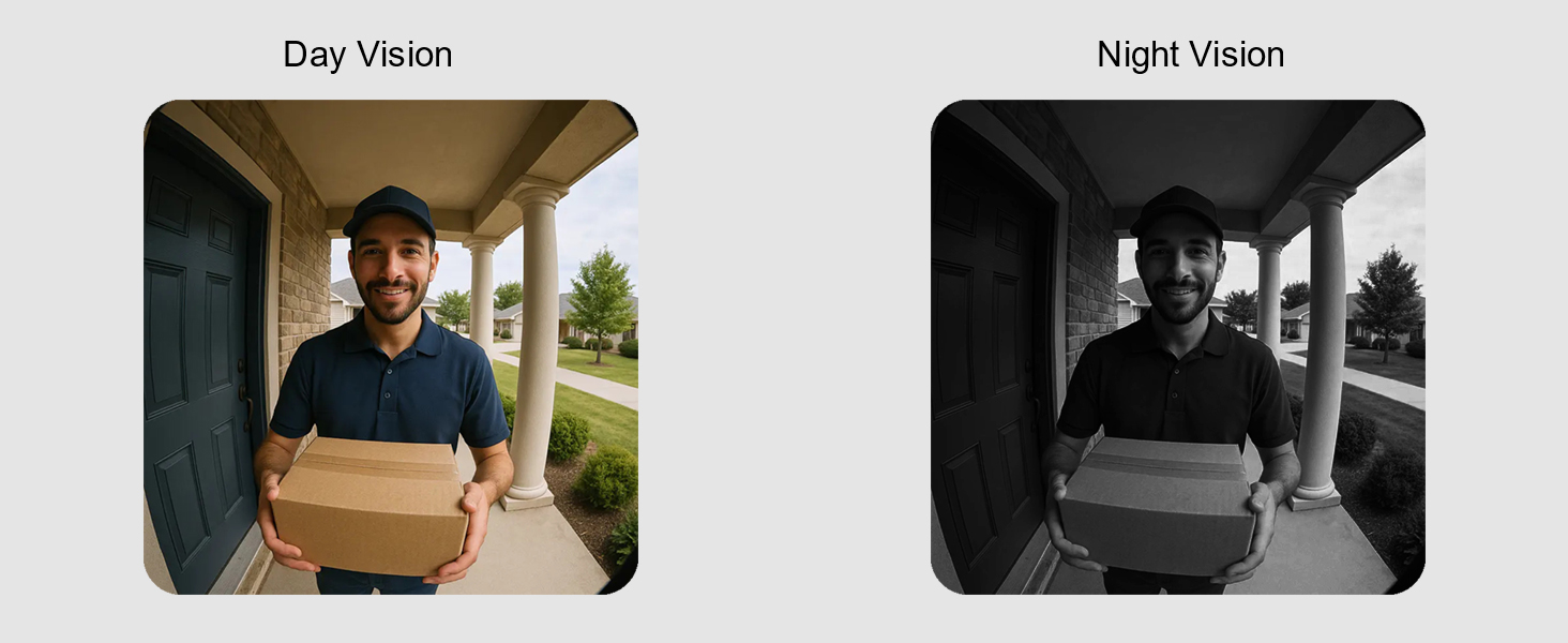 Text reads 'Day Vision' and 'Night Vision'. Split comparison showing package delivery scene in daylight and nighttime conditions.