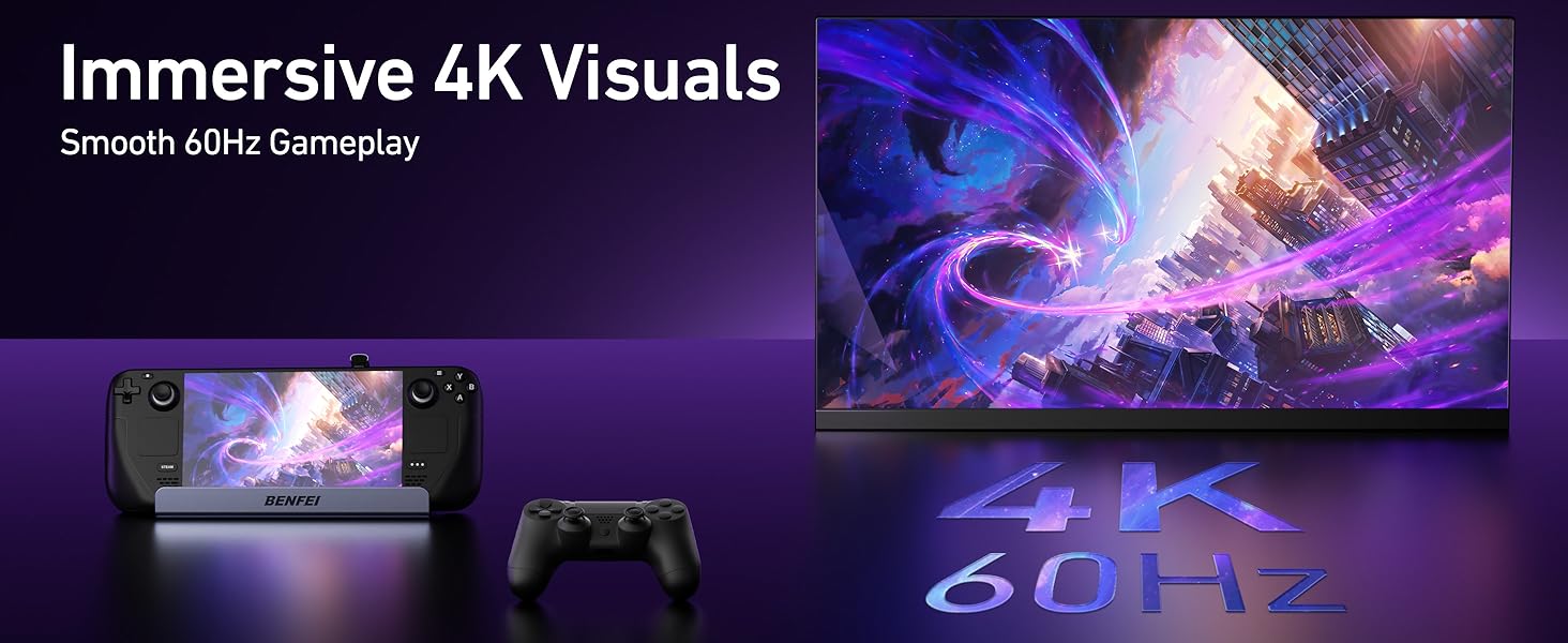 Text reads 'Immersive 4K Visuals'. Gaming-themed composite showing purple cosmic scenes, game controller, and multiple display screens with vibrant graphics.
