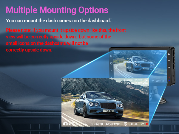 Dashboard camera mounting diagram showing installation options on car windshield, with digital display demonstrating various viewing angles.