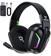Black gaming headset with RGB lighting accents, USB connection, and over-ear design. Multiple views show adjustable headband and ear cushions.