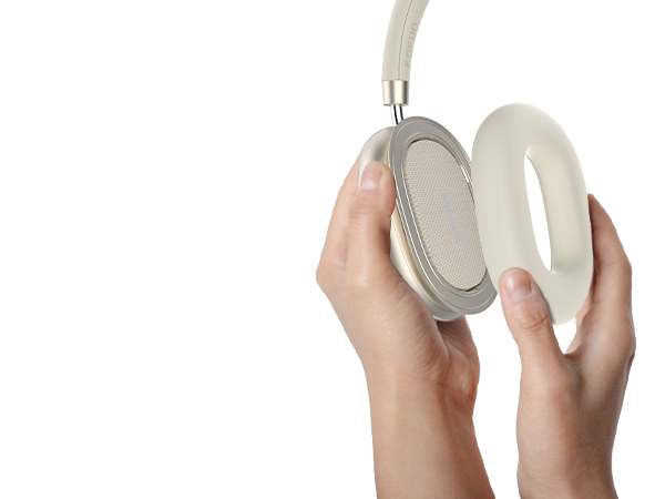 Sequence of images showing white wireless earbuds being removed from their charging case, demonstrating the product handling and usage.
