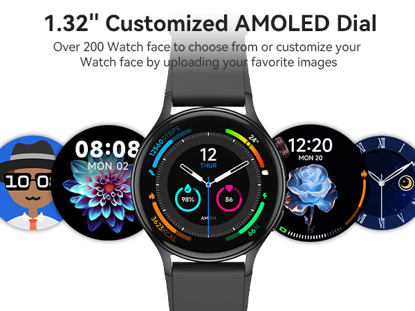 1.32-inch AMOLED smartwatch display showing multiple customizable watch faces with digital and analog designs in various colors.