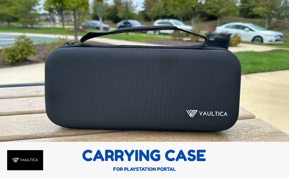 VAULTICA logo and PS Portal carrying case on a table surface outdoors