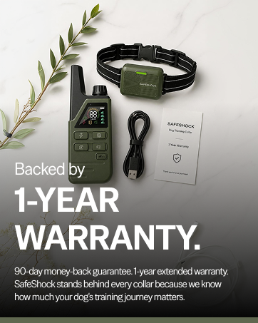 SafeShock training collar, remote, charging cable, and product card on white marble surface