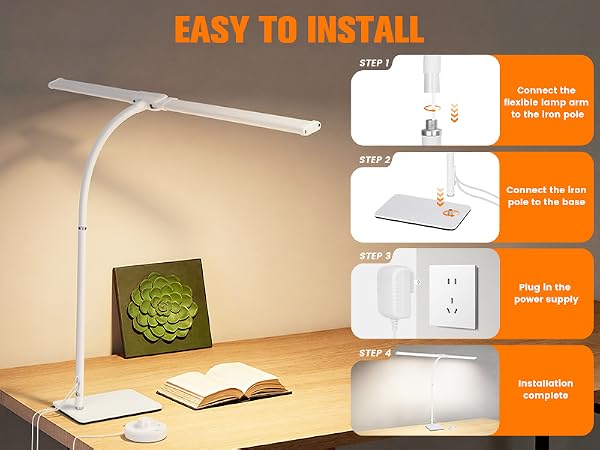 LED Desk Lamp with Base, Double Head Smart Desk Light with Controller Table Lamp for Home Office