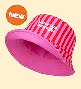 Text reads "NEW." Hot pink and white striped reversible bucket hat with pink interior, displayed against cream background.