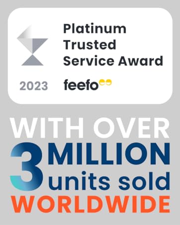 Feefo Platinum Trusted Service Award 2023 logo. Text states 'WITH OVER 3 MILLION units sold WORLDWIDE' in blue, white, and orange.