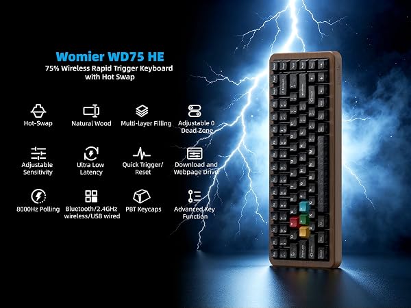 75% Hall Effec Keyboard Wood, Mechanical Keyboard Wireless Rapid Trigger Gaming Custom Keyboard