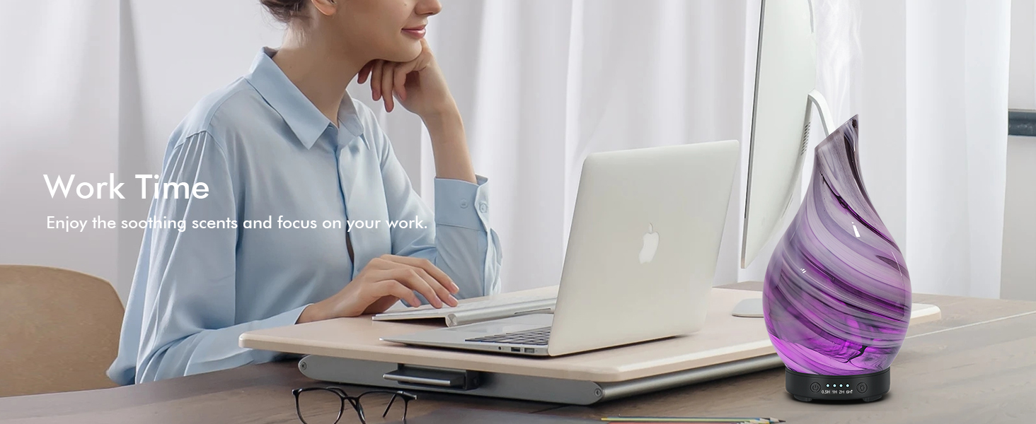 Text reads 'Work From Home' and 'Air Purifier'. Person in blue shirt working at laptop with purple air purification device on table.