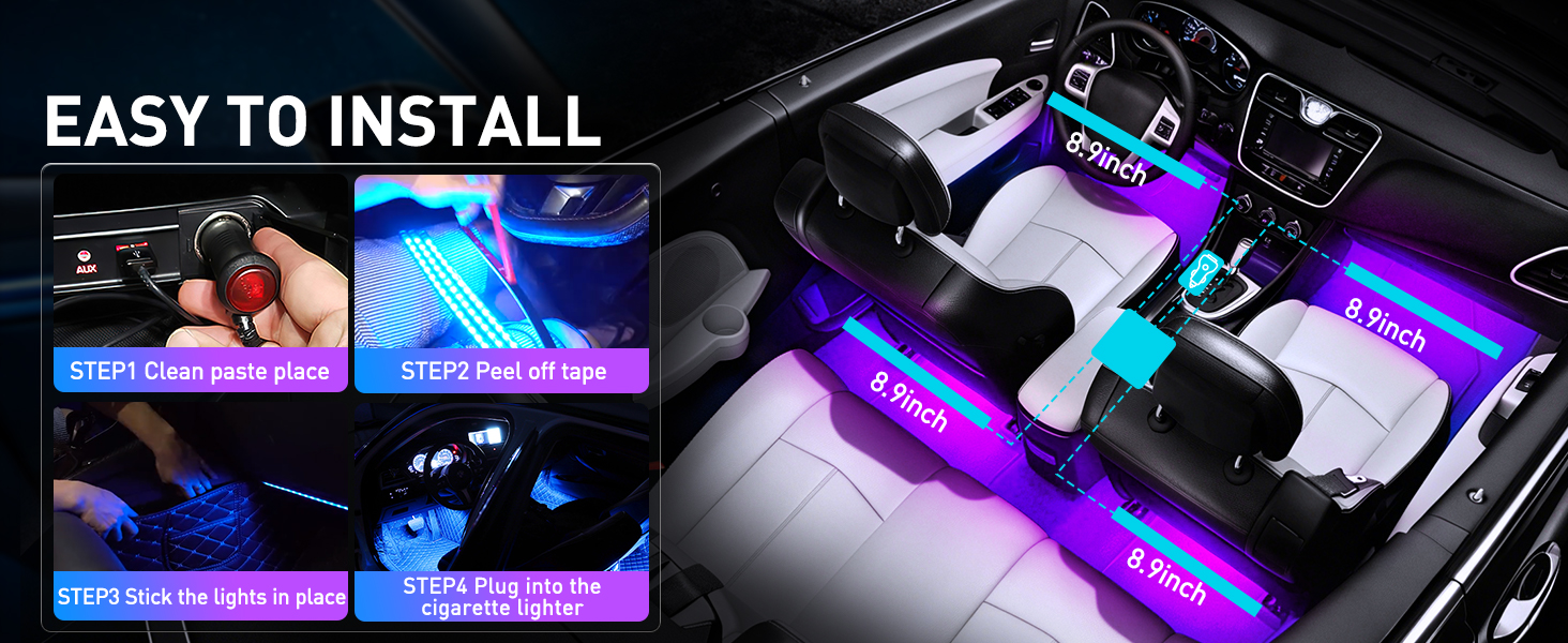 4PCS 48 LED Interior Lights DC 12V Multicolor Music Car Strip Light Under Dash Lighting Kit