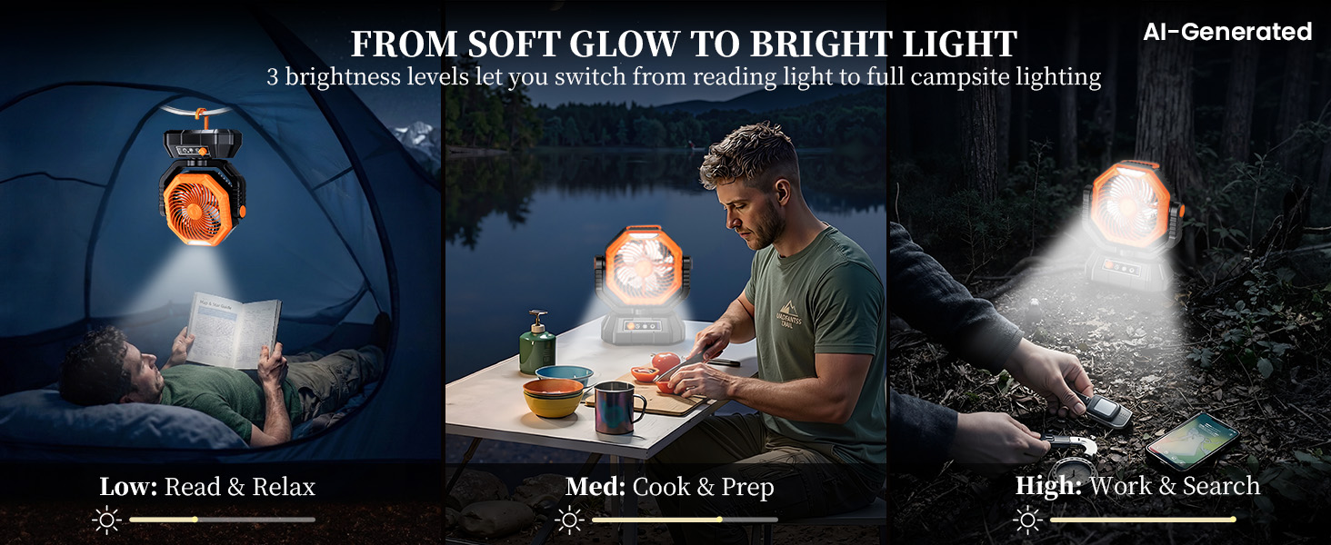 3 light modes on this fan for camping make reading and camp prep easy at night