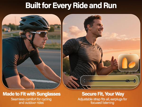 Running bone conduction open ear earbuds compatible with sunglasses
