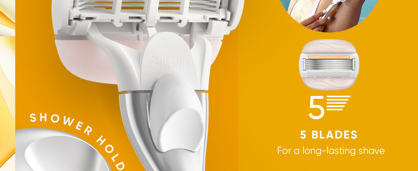 Venus MoistureGlide with 5 blades for long-lasting shave, with a new shower handle design