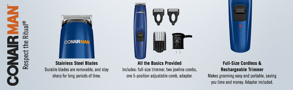 ConairMAN beard trimmer, mustache trimmer, cordless, rechargeable, stainless steel blades, trimmer