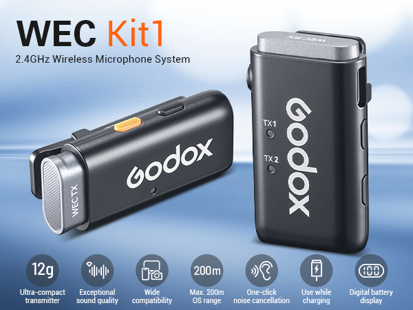Godox WFC Kit1 wireless microphone system. Includes compact transmitter and receiver. Features 2.4GHz frequency, 200m range, and digital battery display.