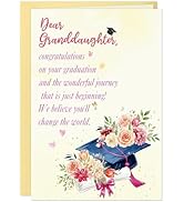 DISJOURNEY Graduation Card for Granddaughter, Watercolor Floral Design with Graduation Cap &amp; Hear...